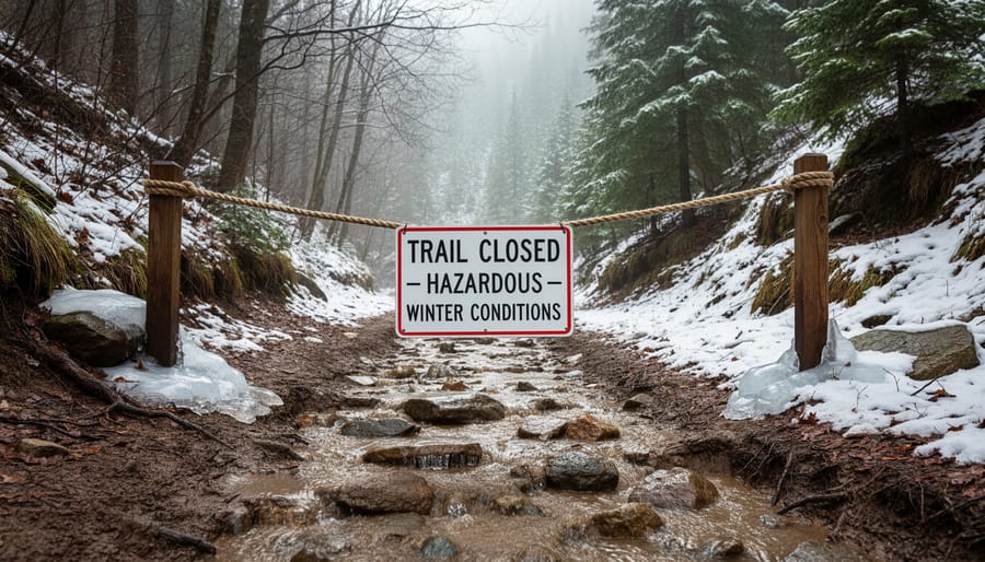 Hiker in winter traction gear at a snowy trailhead with an icy path ahead